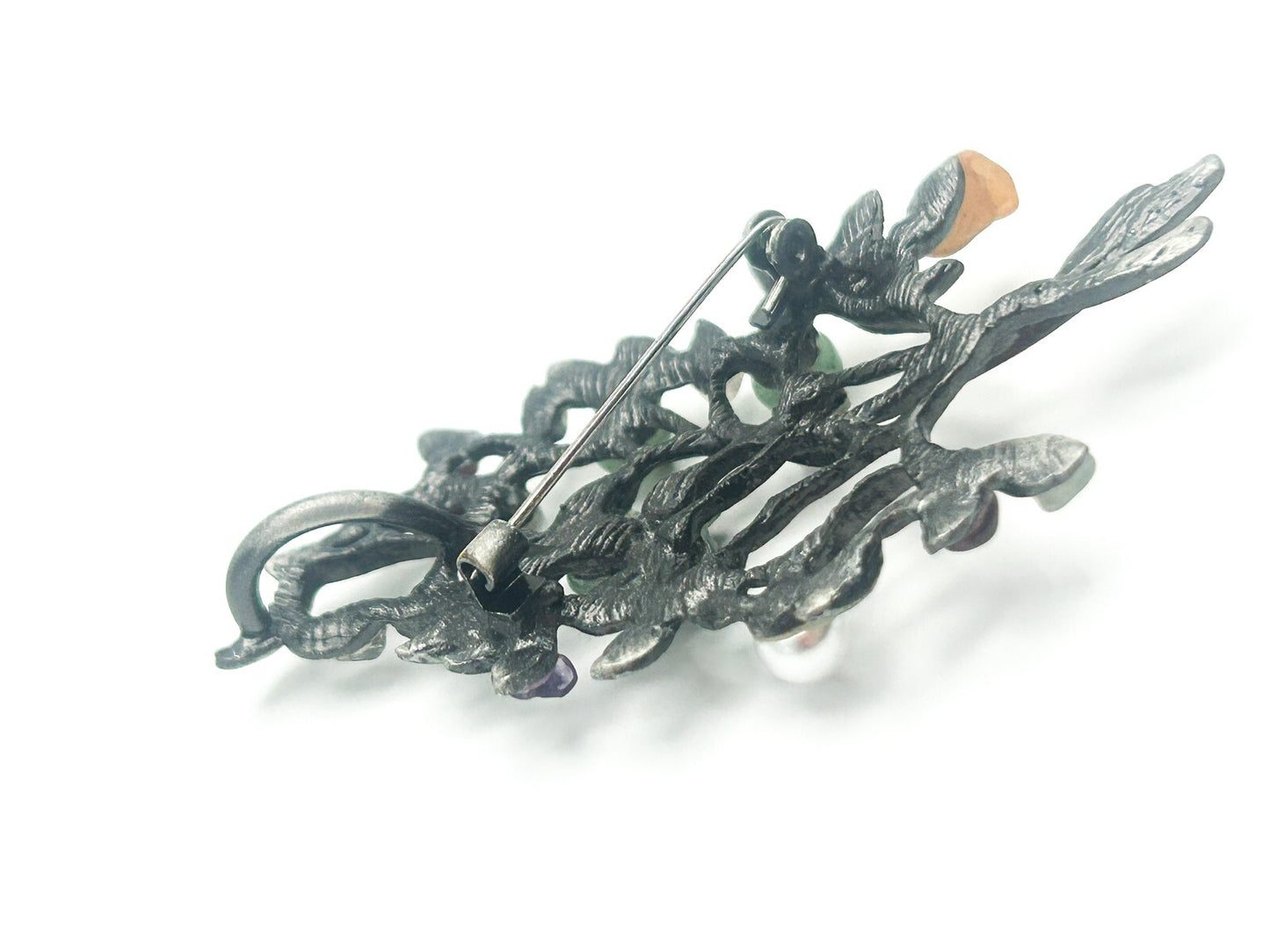 Pewter Leaf Tree Branch Gemstone Brooch - Aventurine, Faux pearl, Amethyst