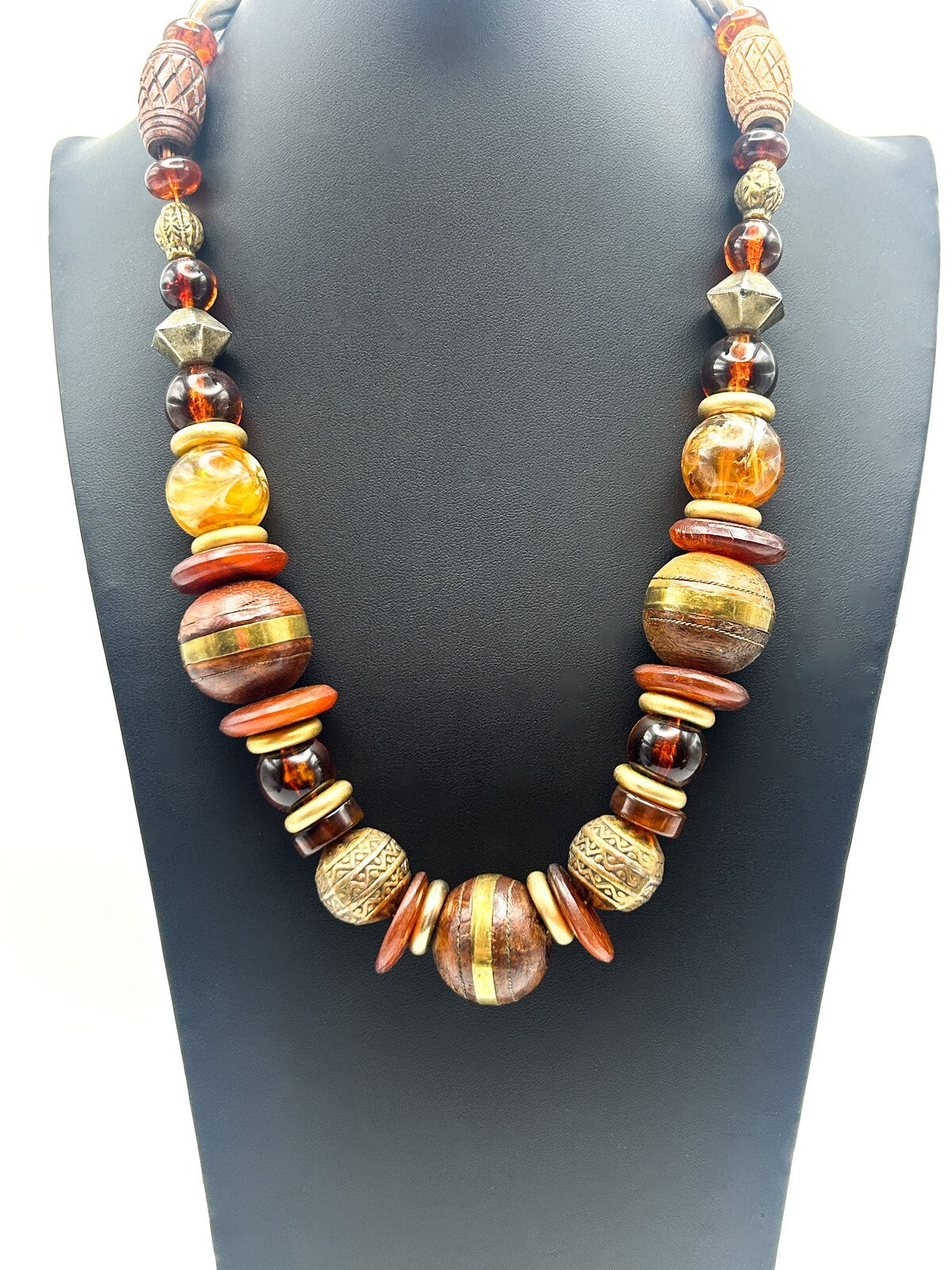 Vintage Graduated Wood & Faux Amber Beaded Statement Necklace