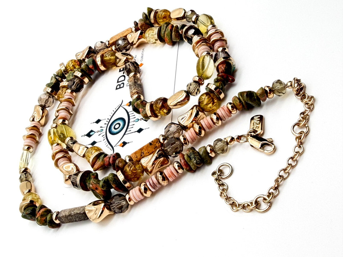 M&S Long Beaded Necklace Unakite Jasper Shell Multi Strand Earth Tone Statement