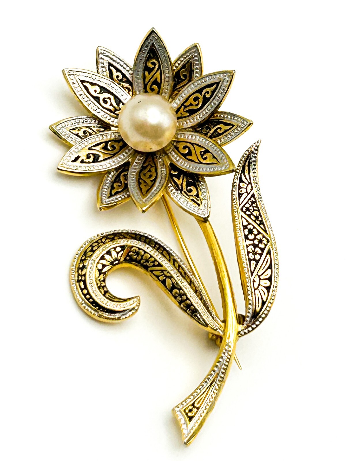 Vintage Floral Brooch Gold Tone Faux Pearl Damascene Style Flower Pin Elegant