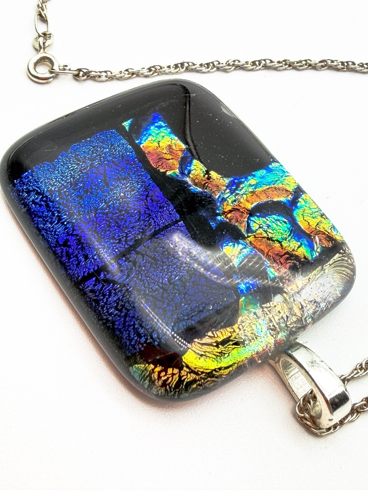 Dichroic Art Glass Pendant Necklace 925 Sterling Silver Chain Blue Iridescent