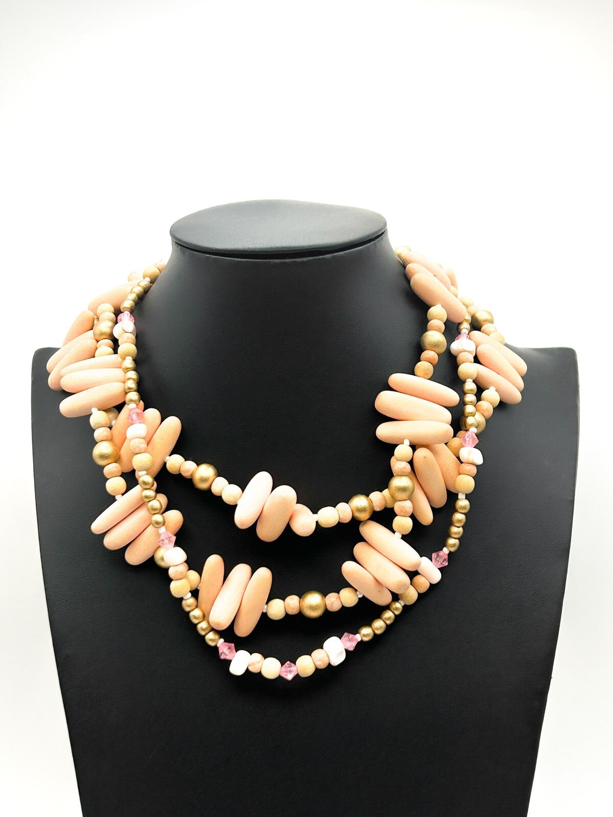 Three-Strand Pink-Peach Pastel Beaded Torsade Necklace – 17”