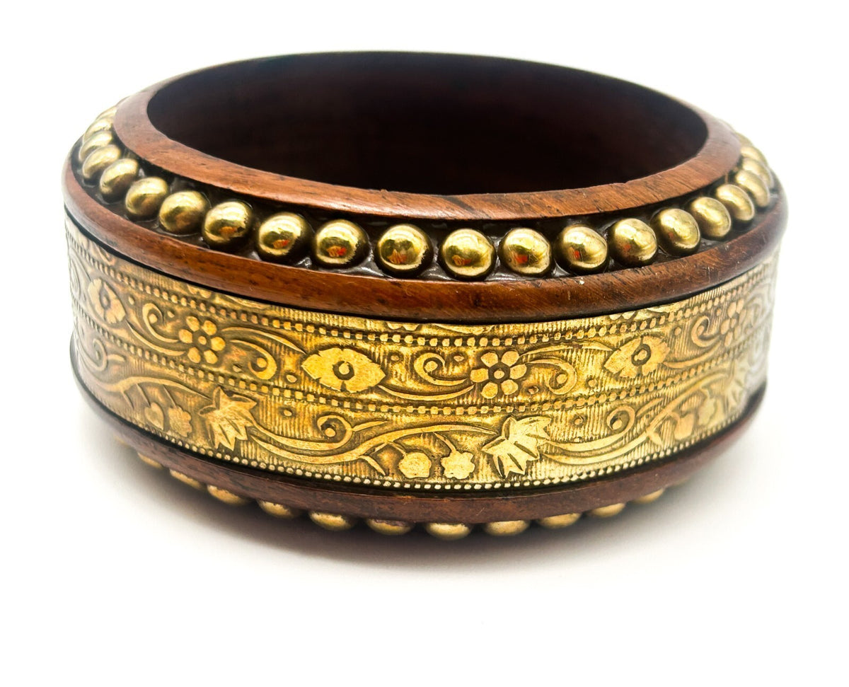 Vintage Dark Wood Brass Bangle Wide Floral Embossed Studded Statement Bracelet