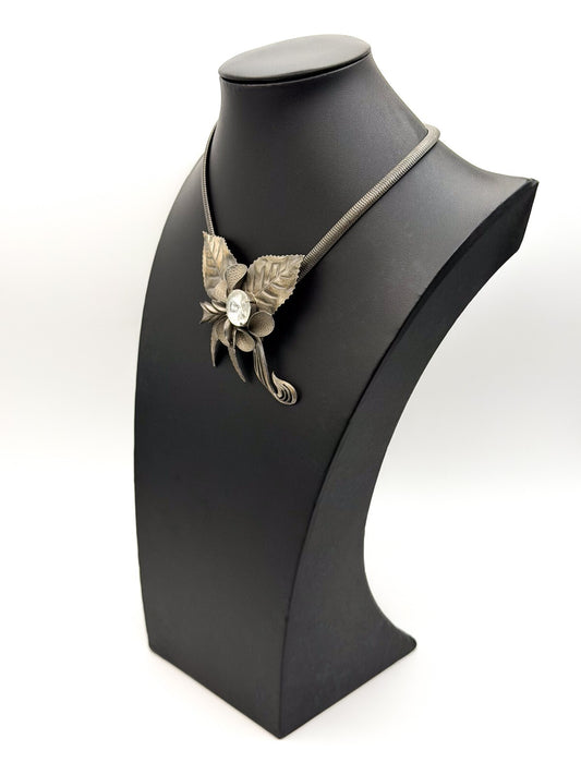 Art Nouveau Style Floral Leaf Statement Necklace with Swirl & Rhinestone Detail