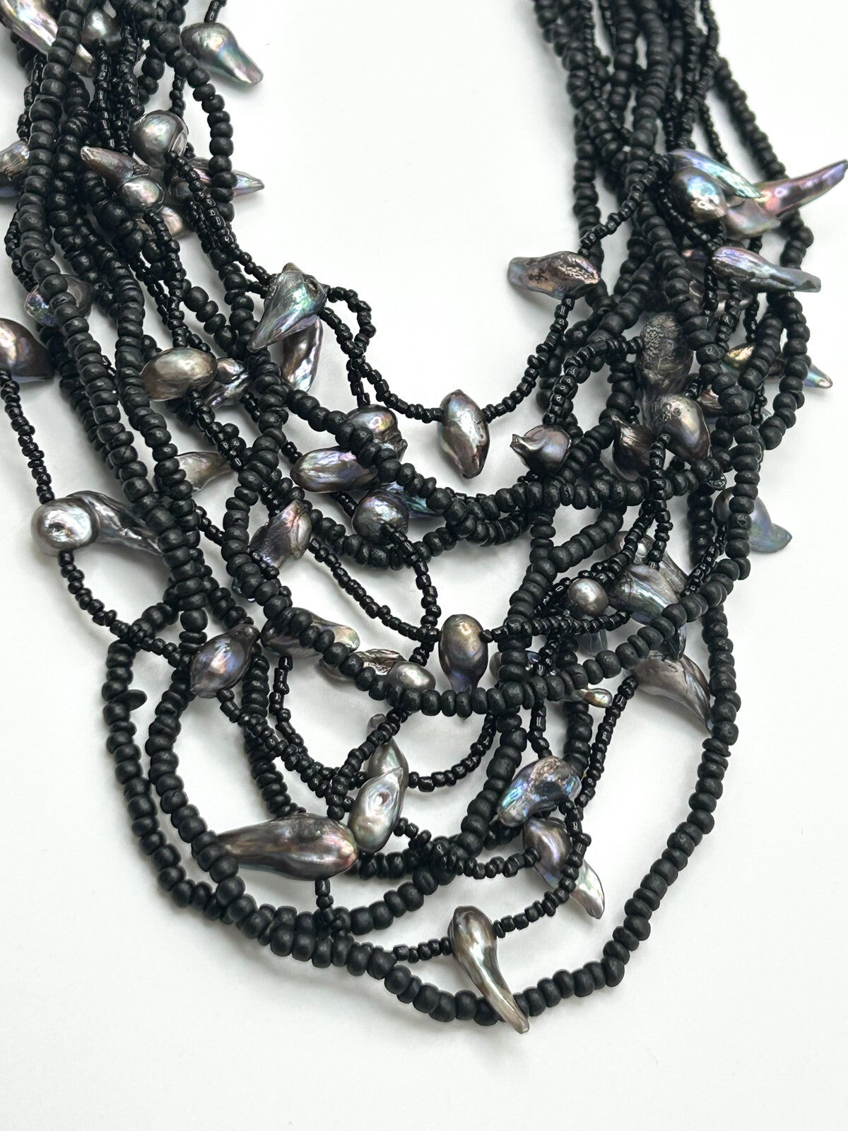 12-Strand Black Glass and Wood Seed Bead Freshwater Baroque Pearl Necklace
