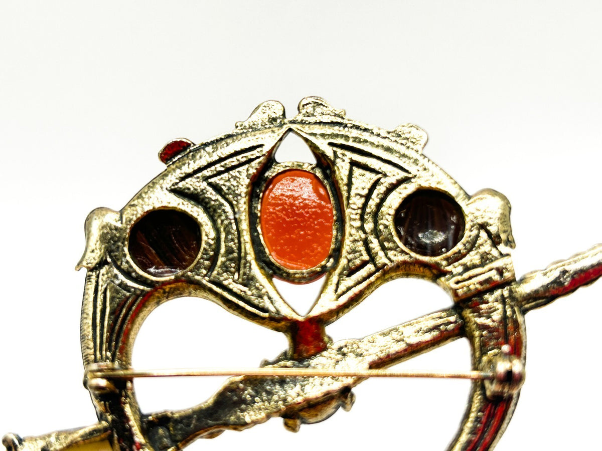 Miracle Celtic Brooch Vintage Faux Carnelian Agate Glass Penannular Cloak Pin