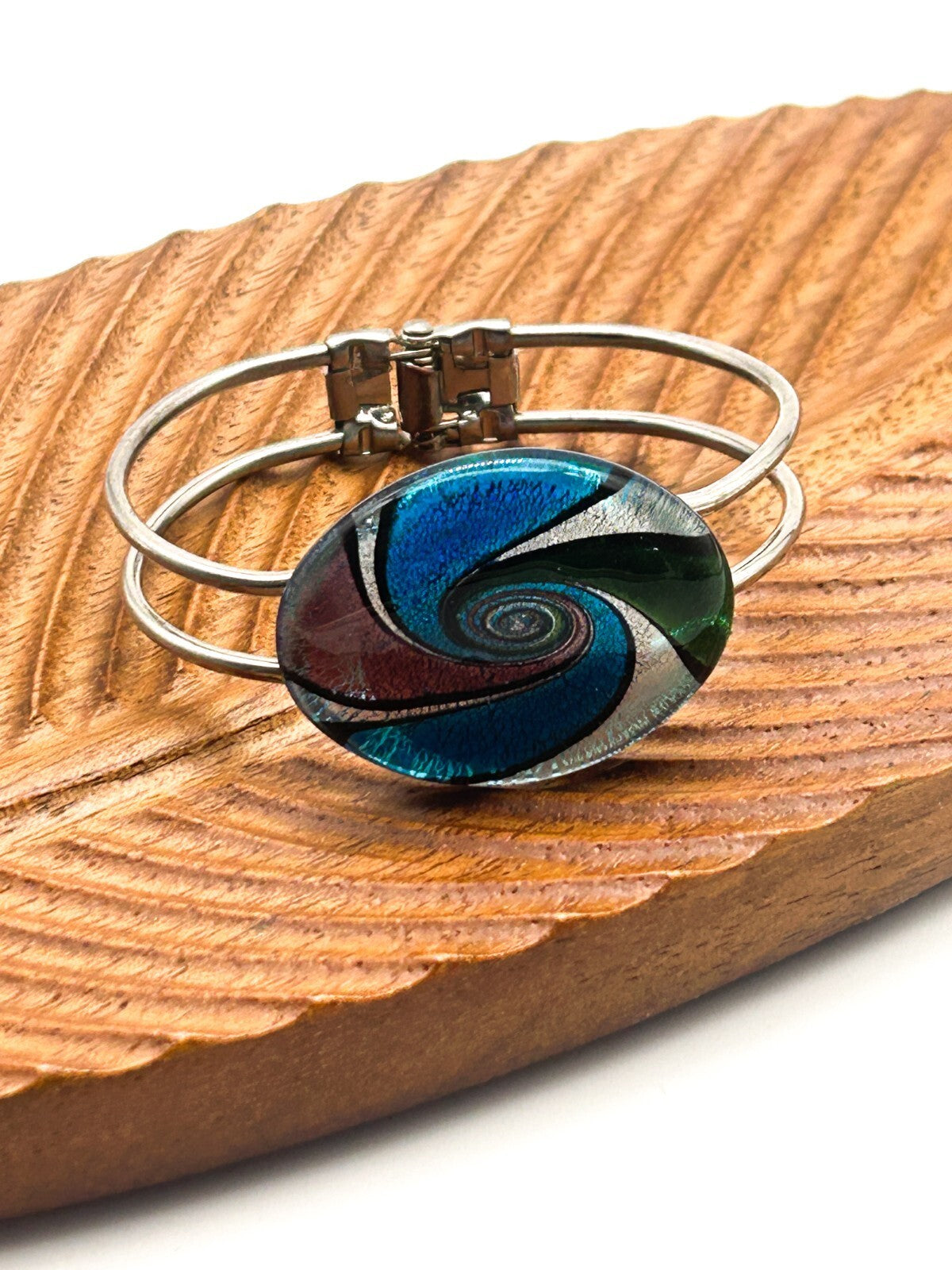 Art Glass Swirl Bangle Blue Pink Silver Hinged Statement Bracelet