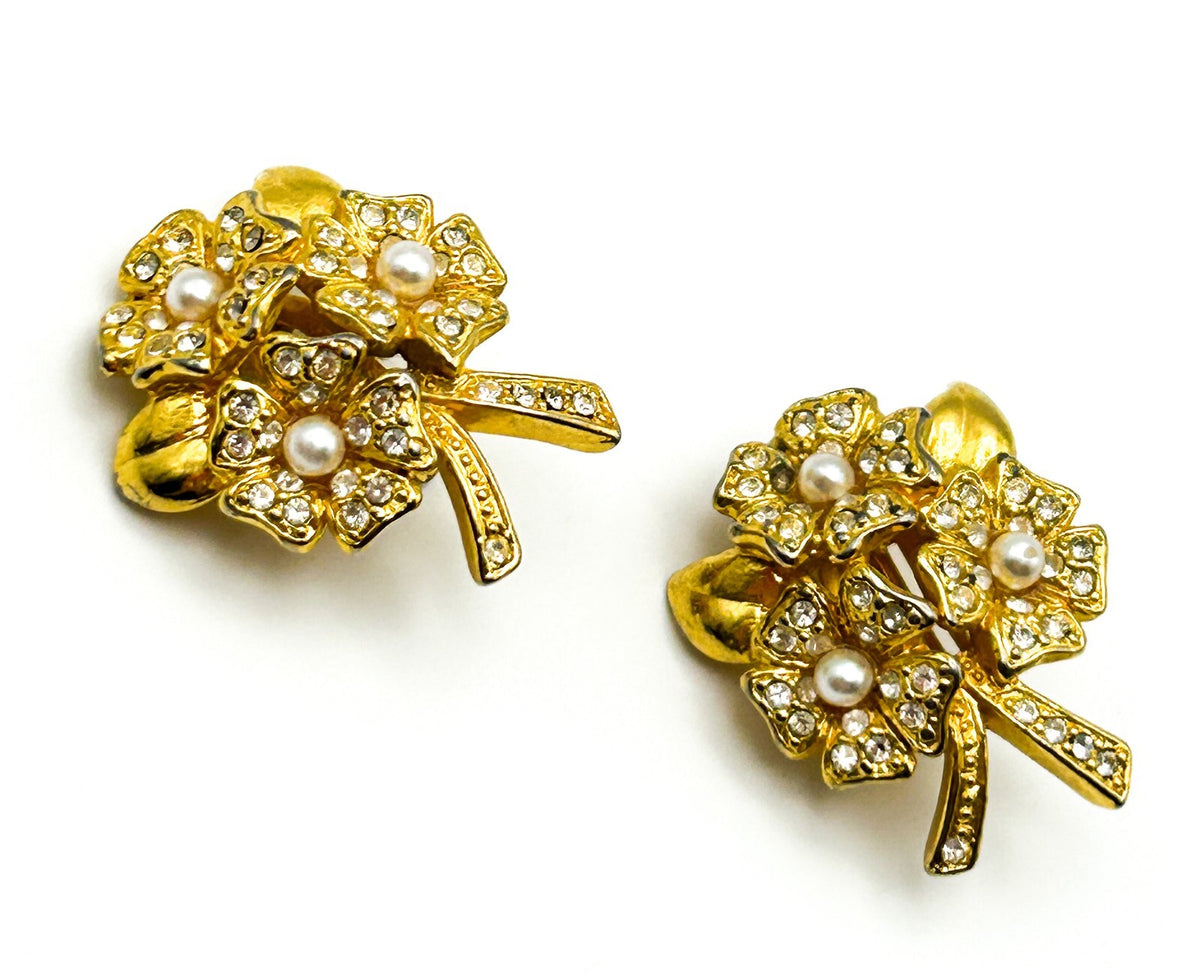 Vintage Gold Tone Floral Clip On Earrings Faux Pearl Rhinestone Bouquet Retro