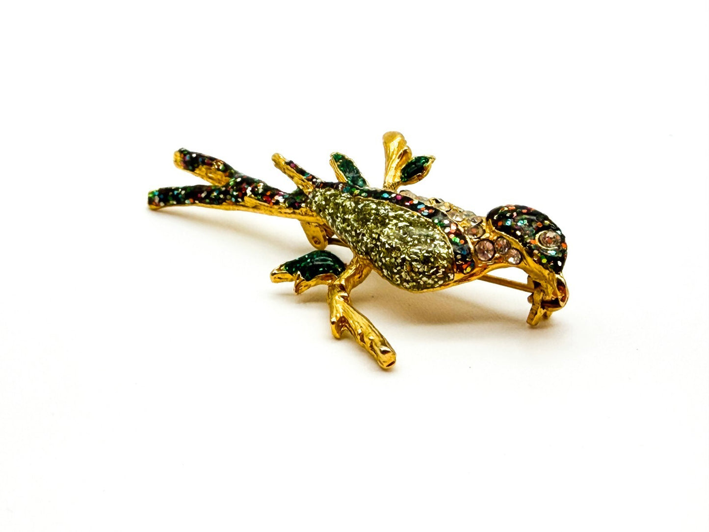 Vintage Gold Tone Bird Brooch Green Glitter Resin Rhinestone Branch Pin