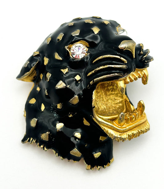 Vintage Black Panther Brooch Gold Enamel Rhinestone Eyes Statement Pin