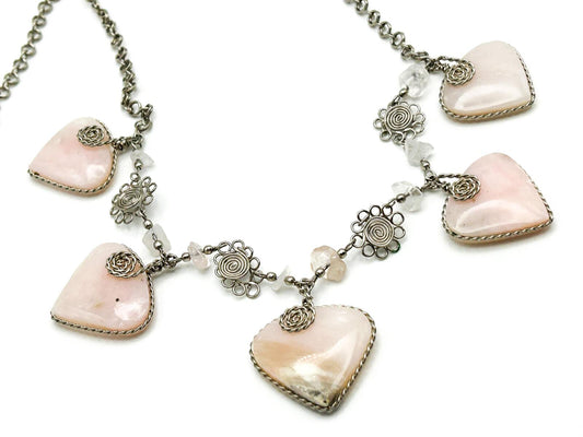 Peruvian Alpaca Silver Pink Hearts Charm Necklace Hand-crafted Gemstone