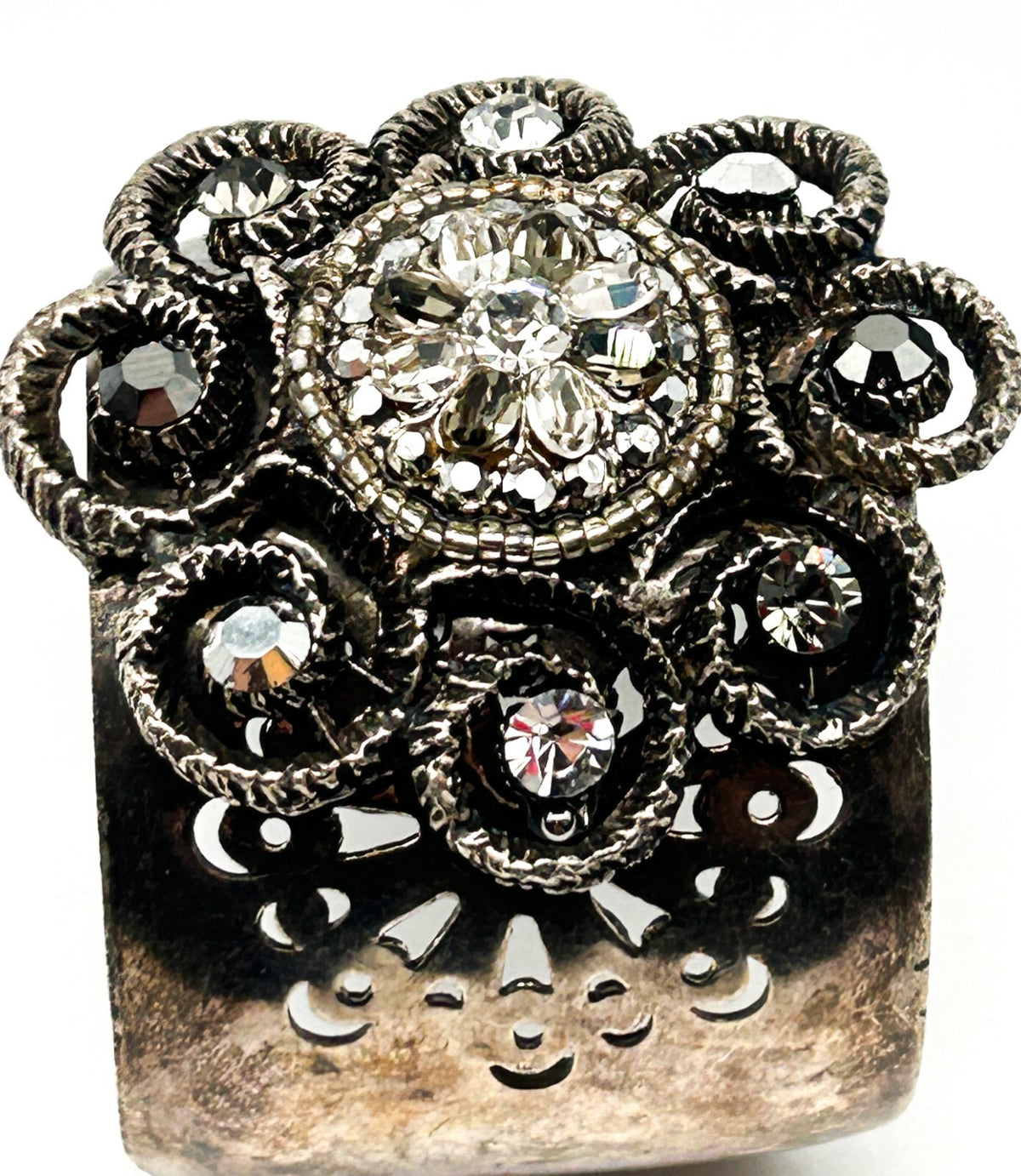 Vintage Sodini Signed Crystal Floral Statement Cuff Bracelet Flower Sparkles VTG