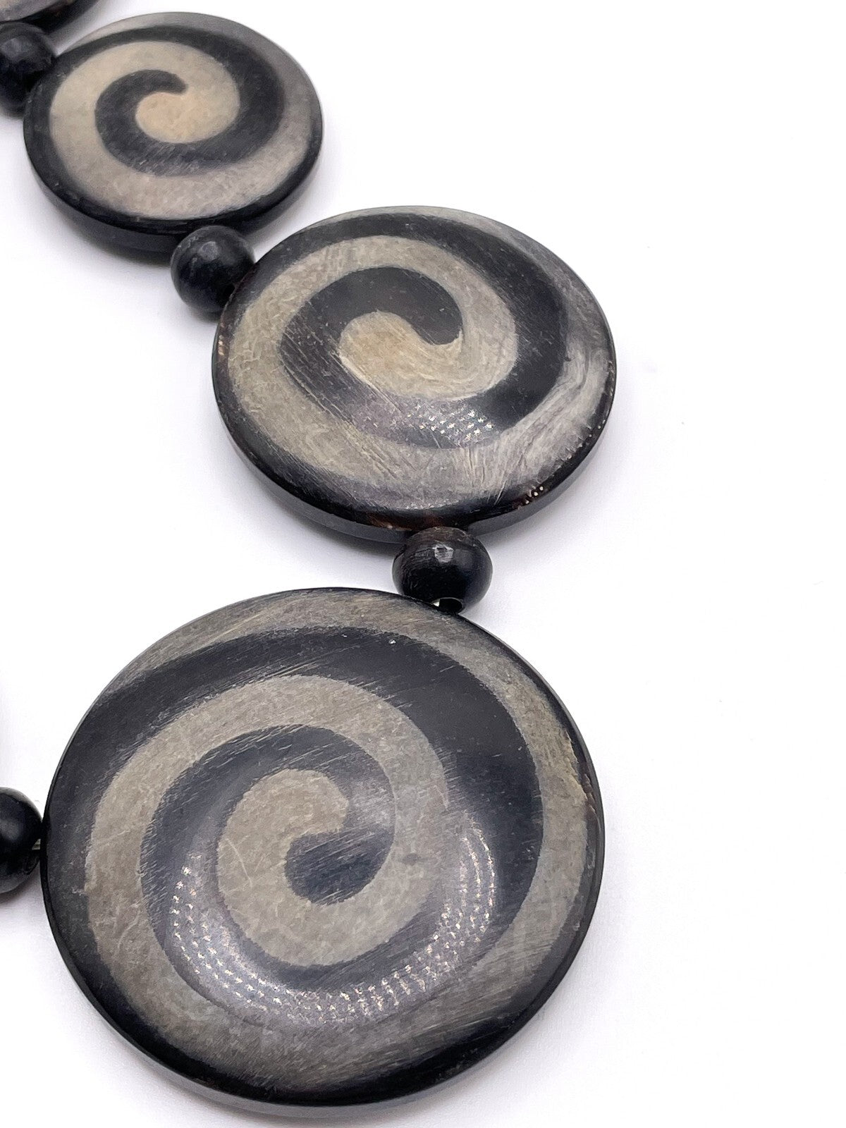 Swirled Black Wooden Disc Necklace - Boho Bohemian Circular Wood Chunky