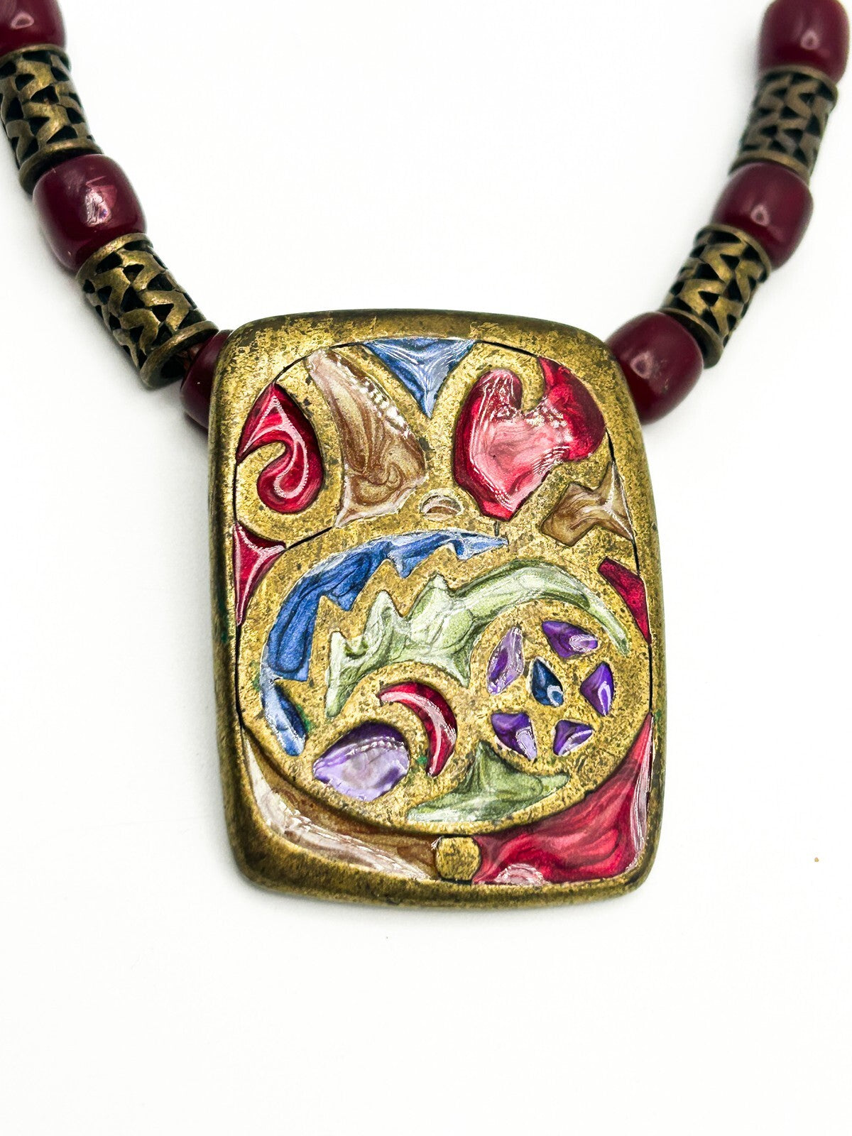 Chico’s Brass Tone Enamel Abstract Pendant Necklace on Braided Cord