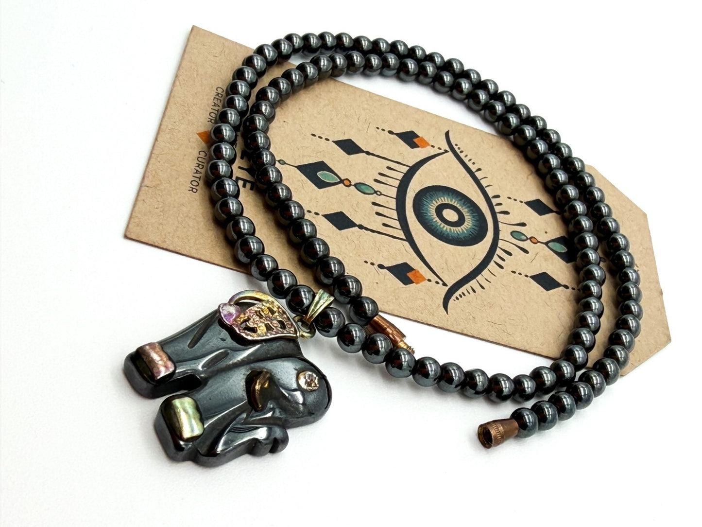Hematite Bead Necklace with Elephant Pendant – 16.5”