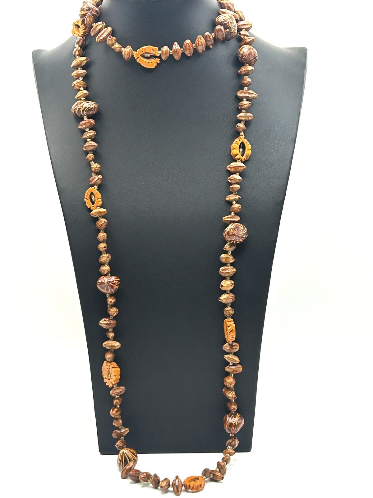 Faux Walnut & Seed Bead Necklace – 24” Vintage