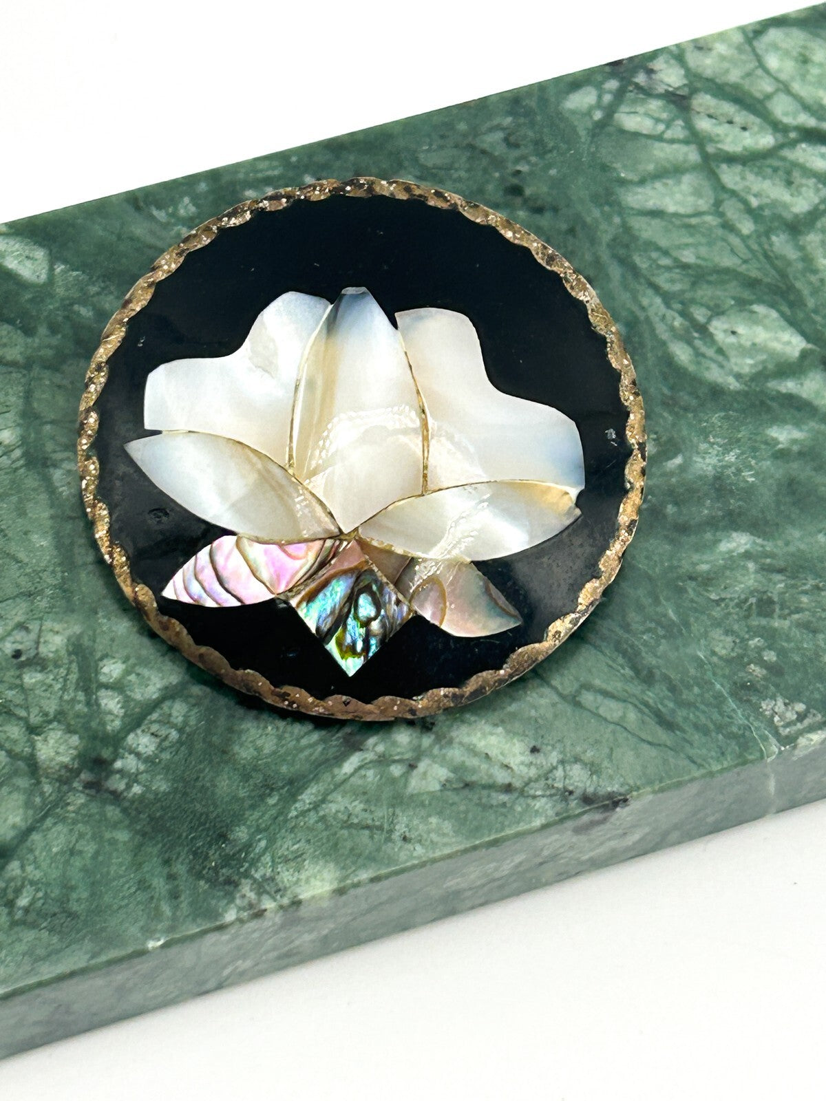 Vintage Alpaca Mexico Mother of Pearl Brooch Abalone Shell Inlay Floral Pin