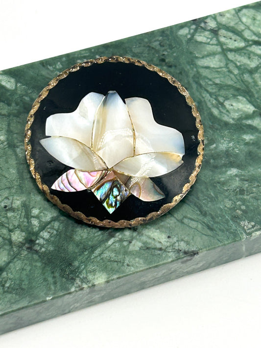 Vintage Alpaca Mexico Mother of Pearl Brooch Abalone Shell Inlay Floral Pin
