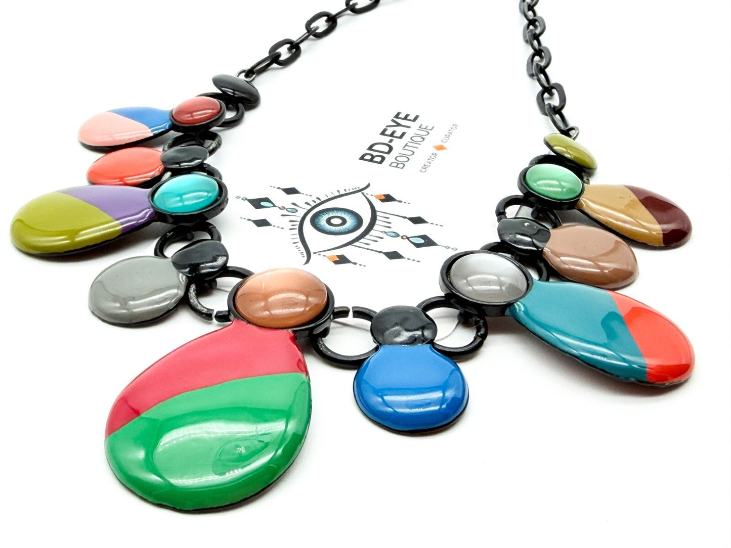 Colourful Acrylic Statement Necklace Drop Bib Black Chain Retro Style