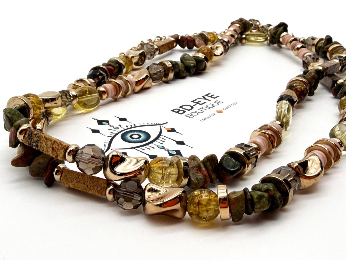 M&S Long Beaded Necklace Unakite Jasper Shell Multi Strand Earth Tone Statement