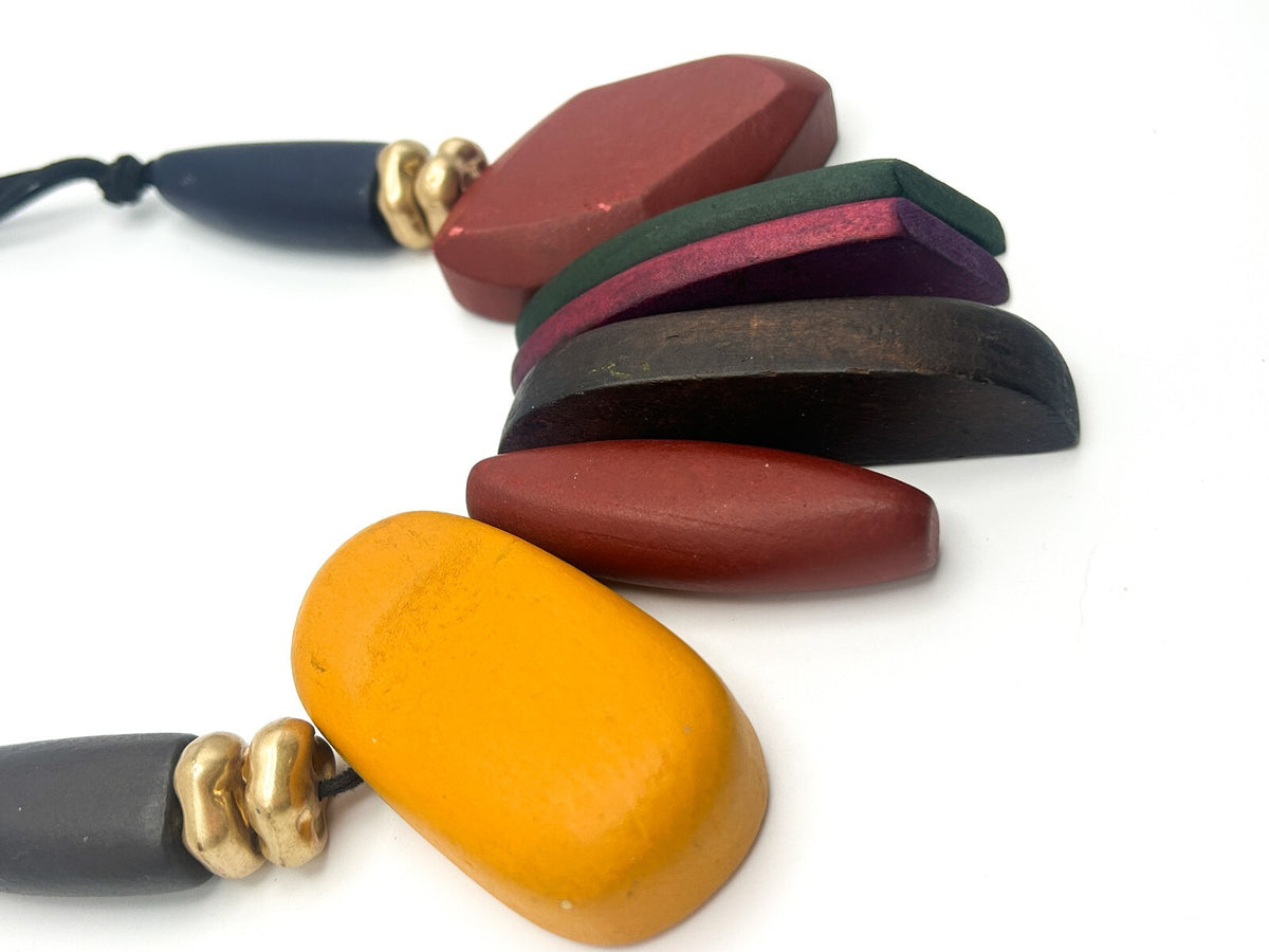 Chunky Abstract Wood Statement Necklace on Black Cord Multi Colour