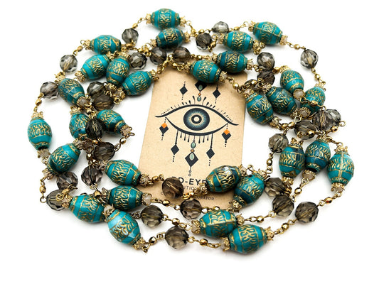 Vintage Style Turquoise & Smokey Acrylic Etched Barrel Bead Necklace Duo