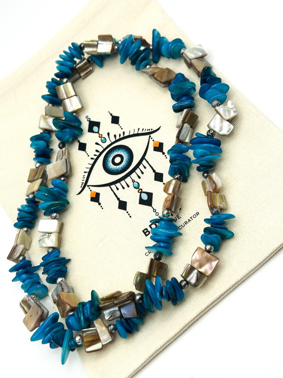 Long Blue & Cream Boho Mother of Pearl Shell Chip Iridescent Necklace