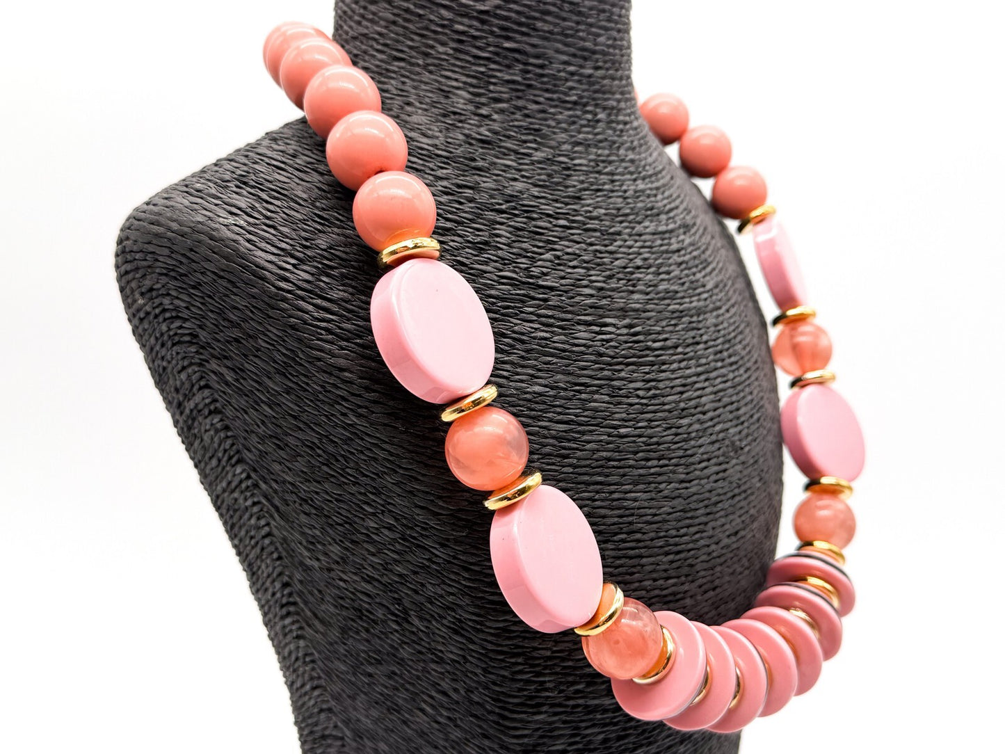 Retro Chunky Pink Acrylic Statement Necklace Disc Beads Gold Tone New w/Tag 23”