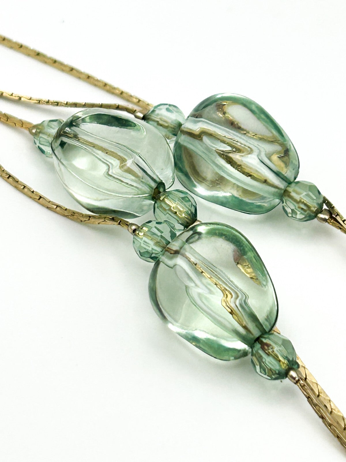 Long Pale Green Acrylic Bead Necklace Multi Strand Gold Tone Layered 34”