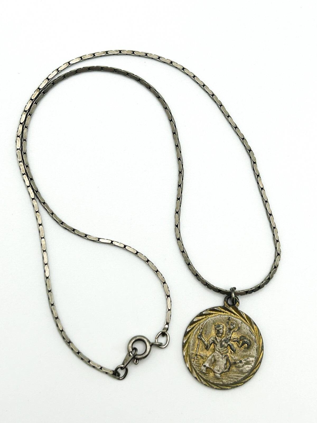 Vintage Saint Christopher Pendant Necklace on Silver Tone Chain