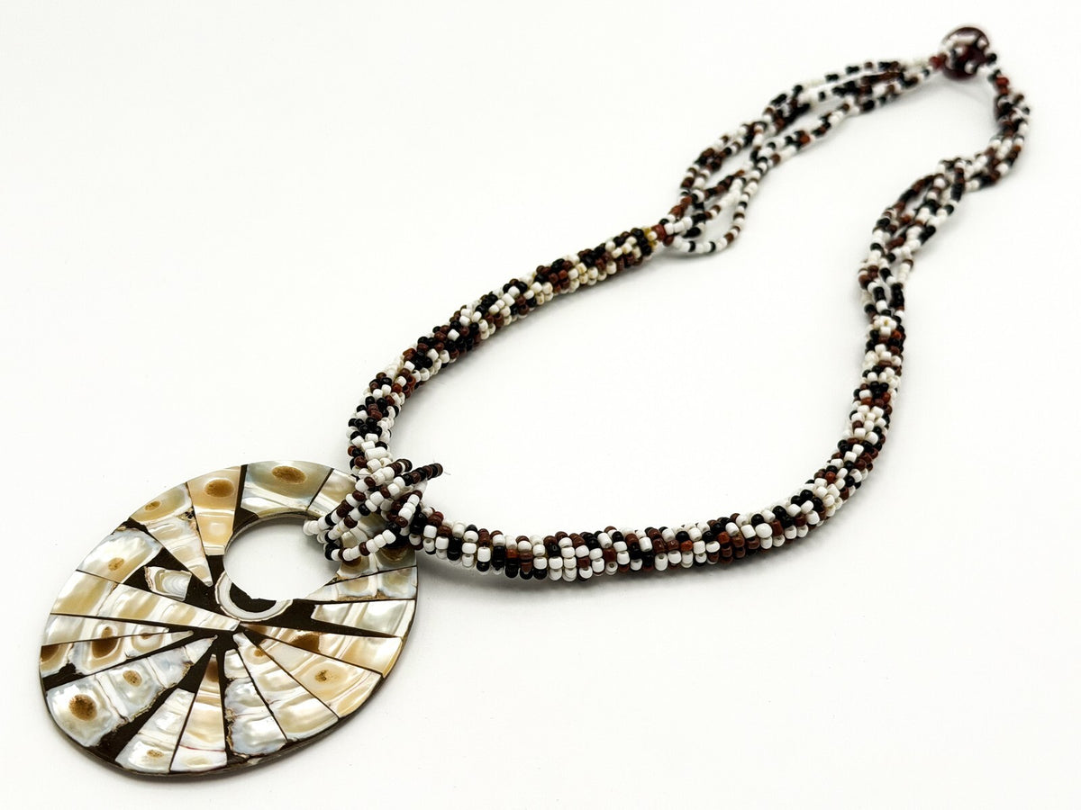 Five Strand Brown, White & Black Seed Bead Necklace with Shell Inlay Donut Penda