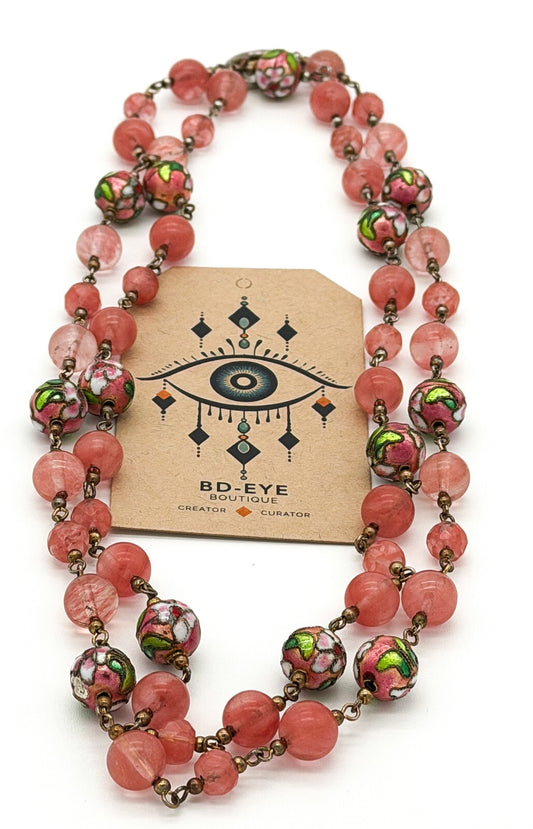 Vintage Pink Glass Bead Necklace Double Strand Cloisonné Accent Beads Summer