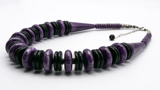 Purple & Black Graduated Disc Statement Necklace | 19”, 89g | 80s style