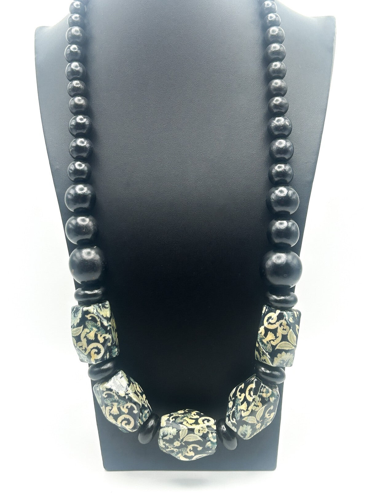 Chunky Black and Yellow-Green Floral Print Long Beaded Wood Necklace Flower
