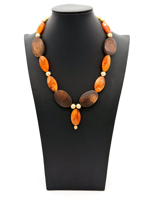 Marbled Orange Acrylic & Wooden Bead Statement Necklace with Gold Tone Spacers