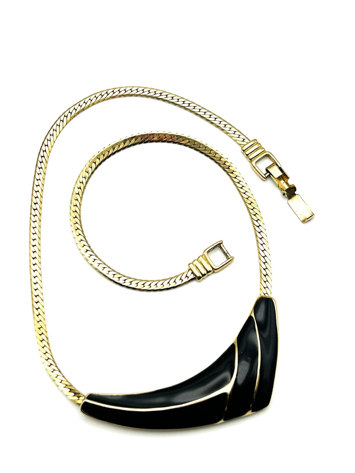 Vintage 80s Gold Tone Herringbone Necklace Black Enamel Curve Statement 17”