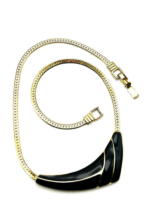 Vintage 80s Gold Tone Herringbone Necklace Black Enamel Curve Statement 17”