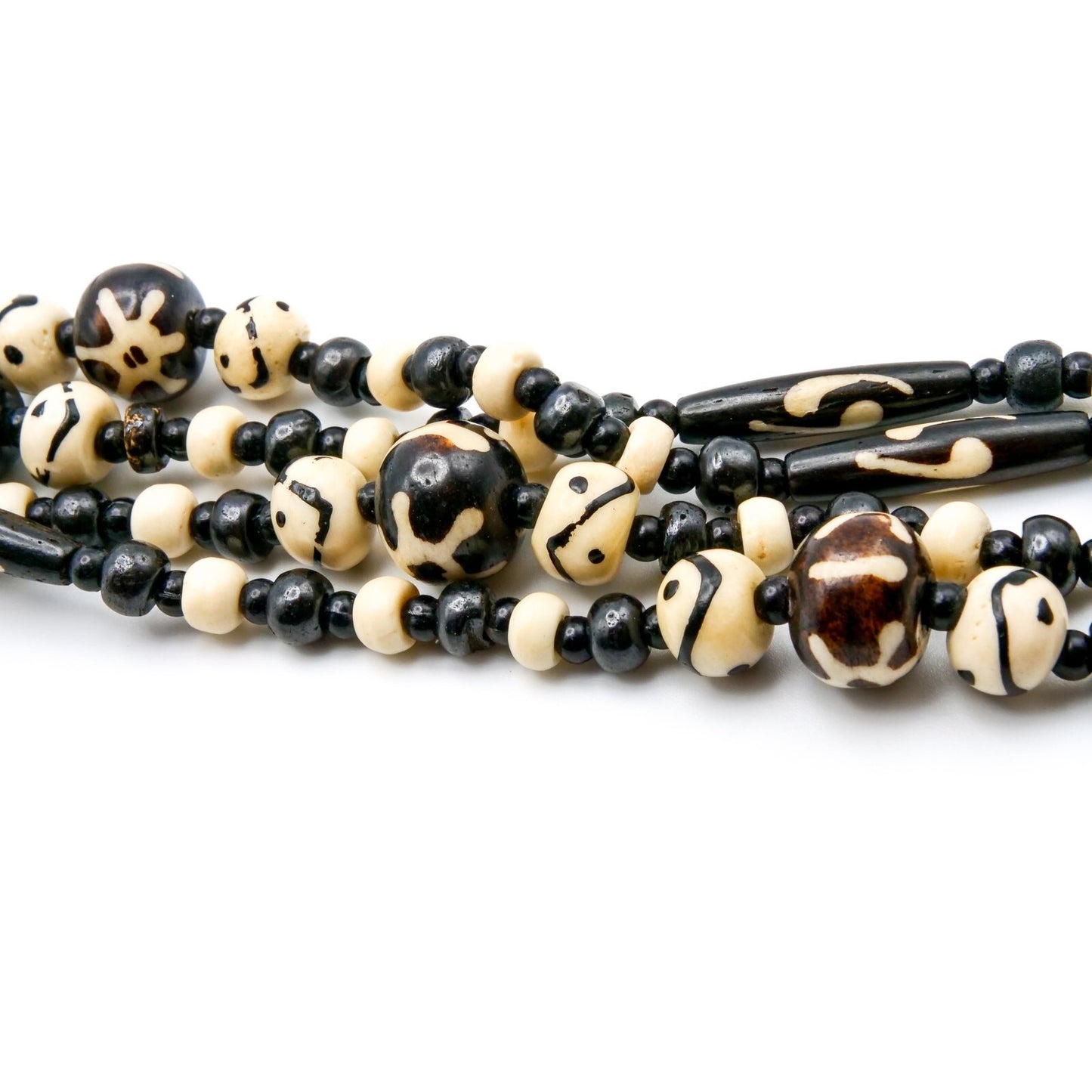 Carved Black, Brown & Cream Bead Necklace – Long Boho Tribal-Style Strand