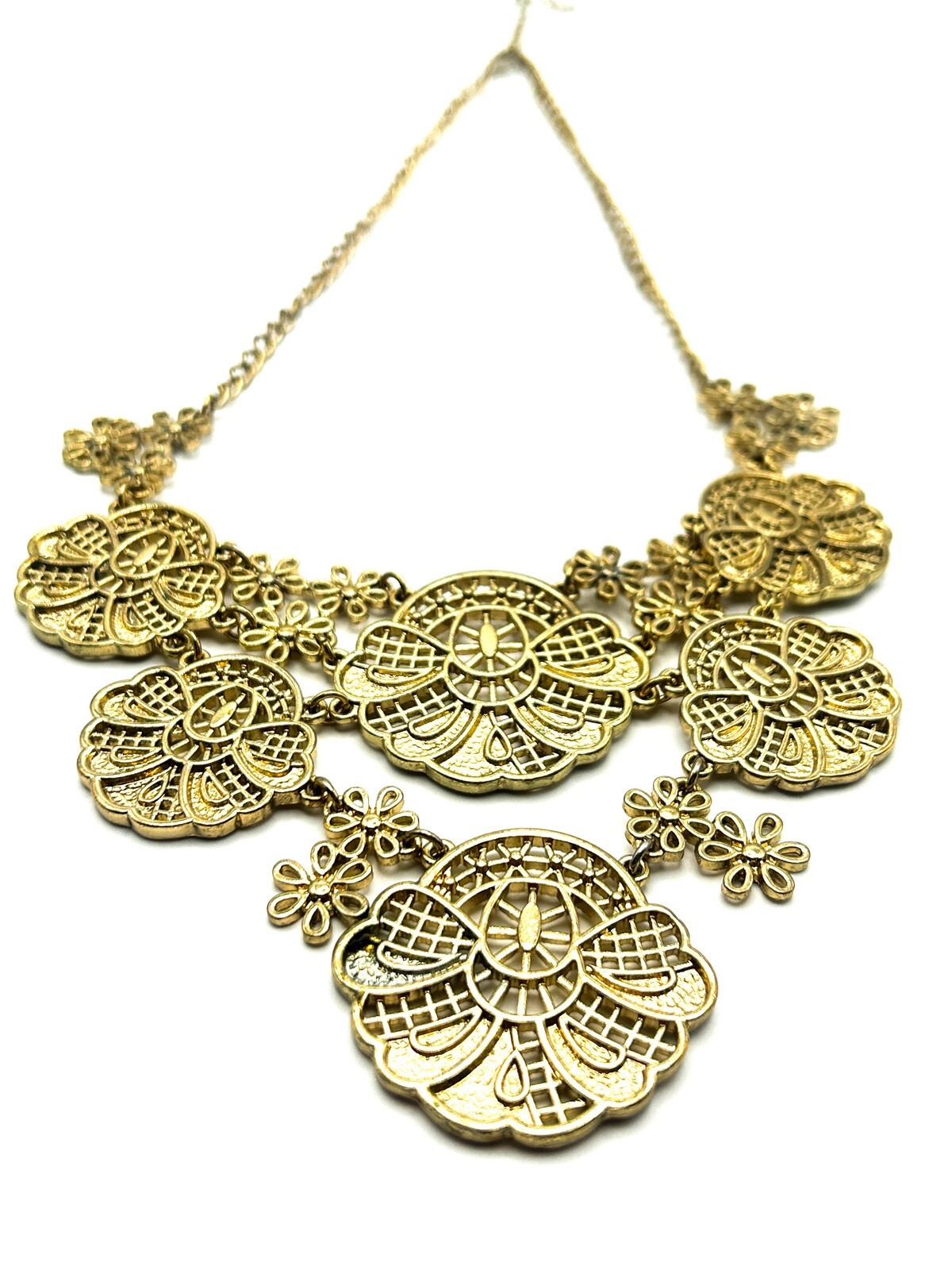 Gold Tone Filigree Bib Necklace Statement Articulated Panels Ornate Festival 17.