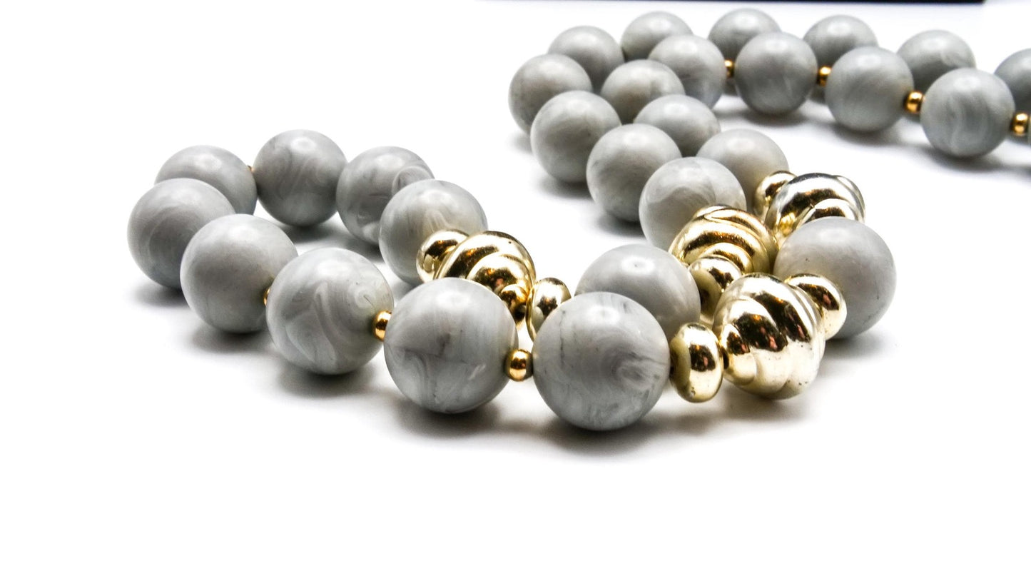 Vintage Grey & Gold Bead Necklace Marble Effect Swirl Lucite Beaded Retro