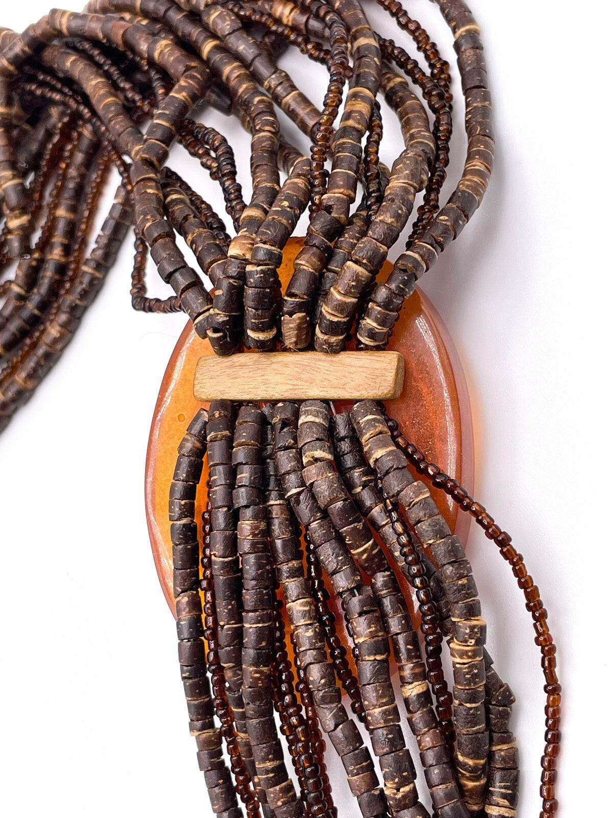 Brown Seed Bead Statement Necklace with Shell Resin Pendant Tassel