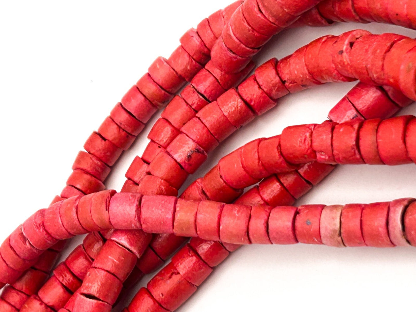 Red Dyed Organic Multi Strand Heishi Disc Beaded Necklace with Gold Tone Clasp