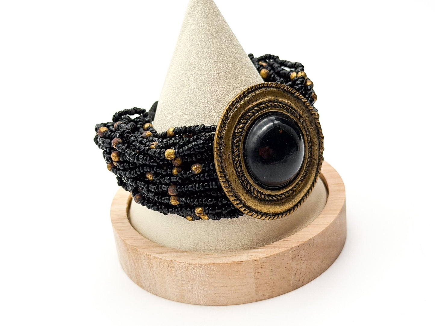 Vintage Chunky Black Seed Bead Bracelet Gold Tone Cabochon Statement Wide Cuff