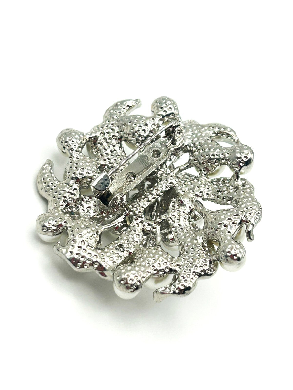 Vintage Silver Tone Pearl & Rhinestone Sparkles Swirl Statement  Brooch