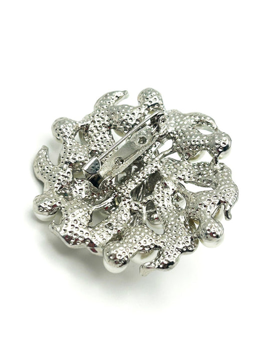 Vintage Silver Tone Pearl & Rhinestone Sparkles Swirl Statement  Brooch