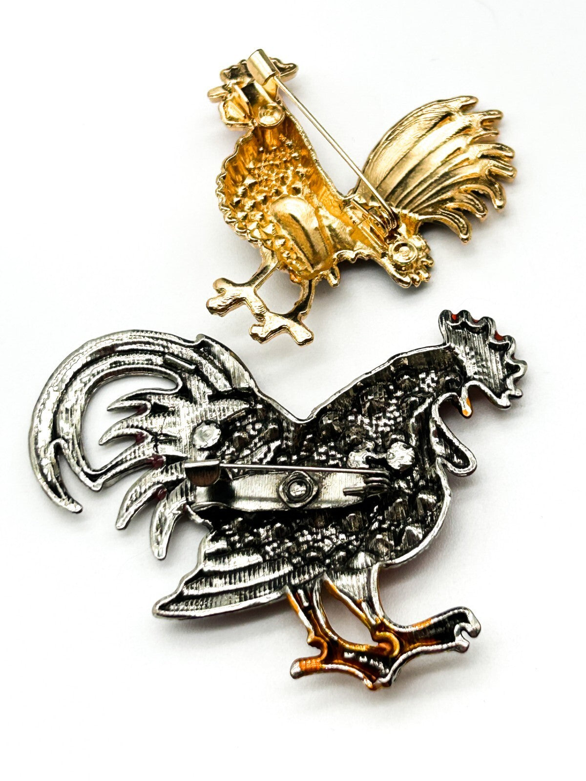 Vintage Rooster Brooch Pair Enamel Rhinestone Cockerel Farmyard Bird Pins