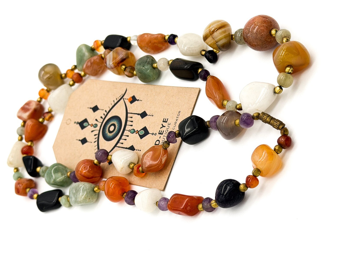 Vintage Mixed Gemstone Bead Necklace Long Multi Stone Agate Onyx Jadeite Quartz