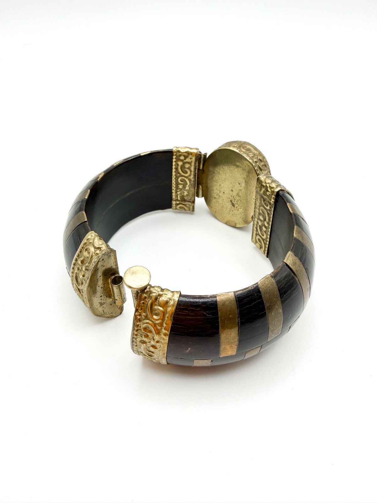 Vintage Horn, Brass and Agate Cuff, appx 18.5cm - red stone, gemstone, hinged