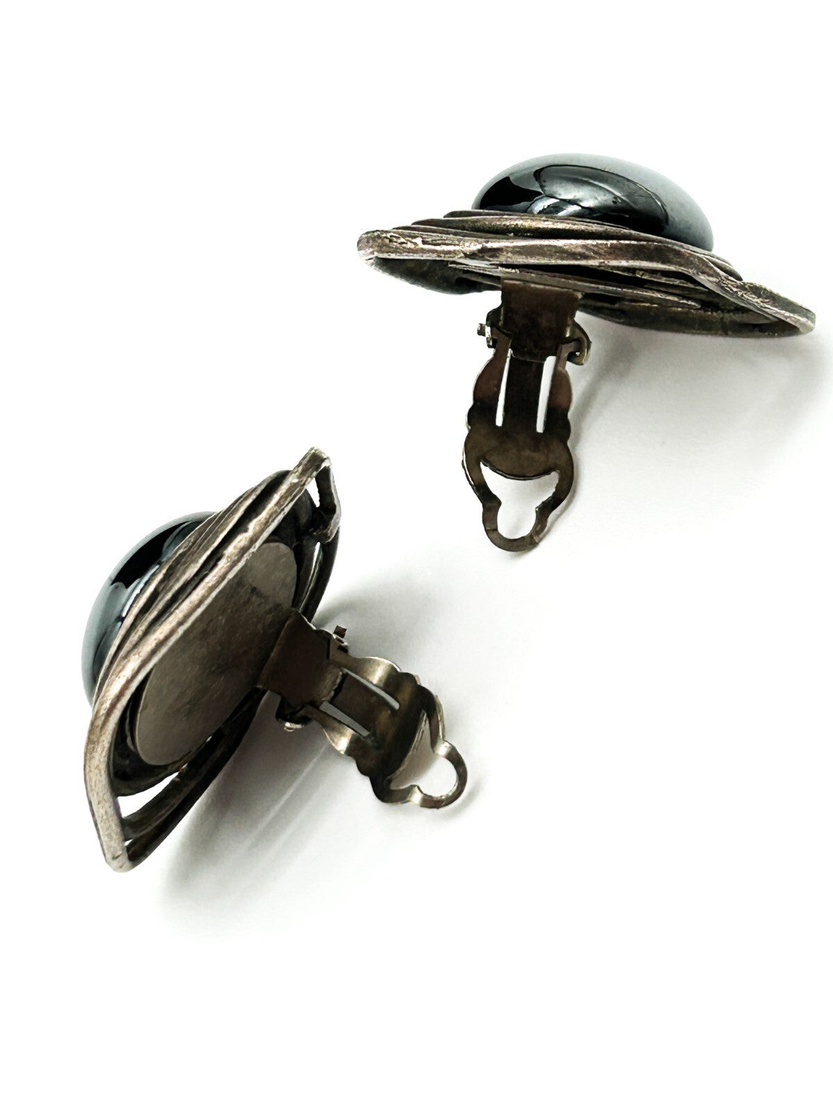 Vintage Statement Earrings Hematite Effect Domed Clip Ons 80s 90s Retro