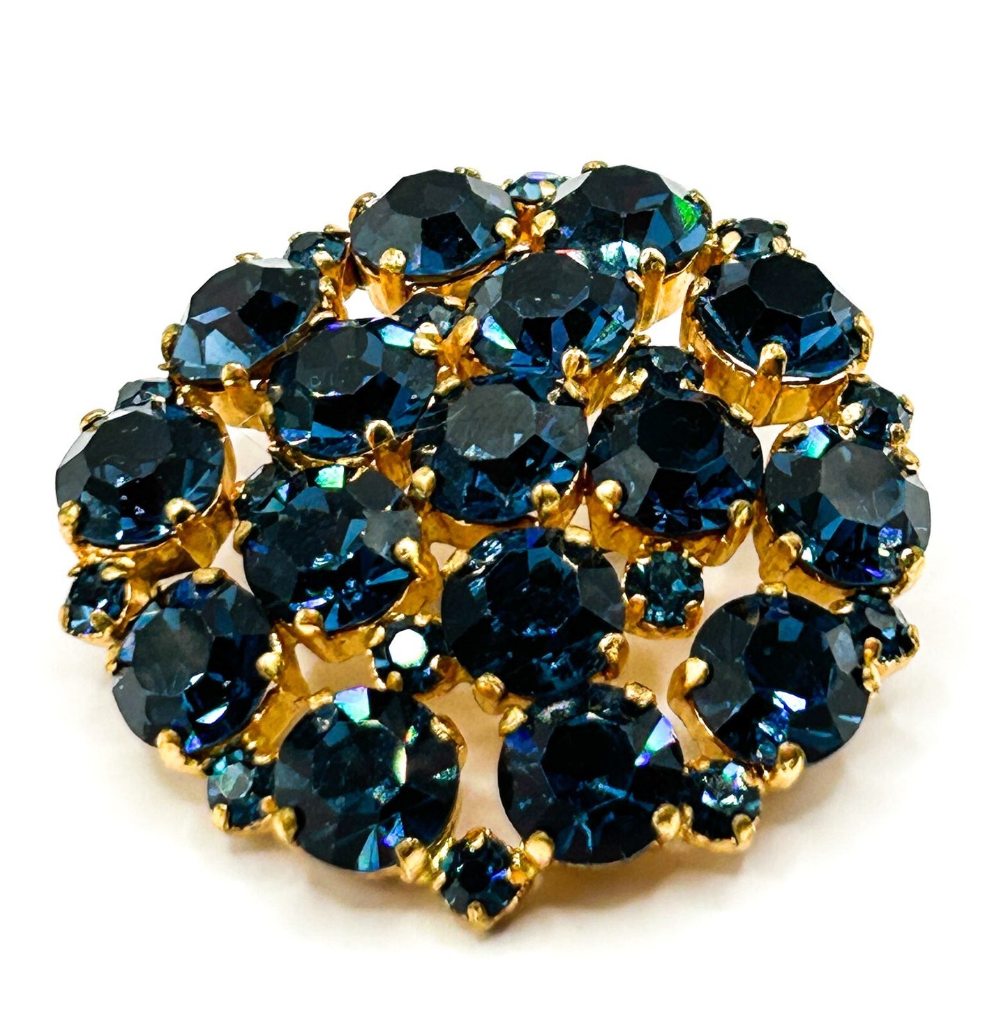 Antique Art Deco Blue Glass Rhinestone Domed Cluster Brooch C Clasp 1920s 30s
